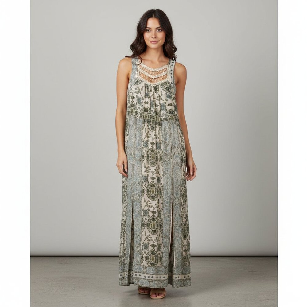 Free People Moroccan Printed Maxi Ivory/Aqua Dress Lace Trim Size Small EUC